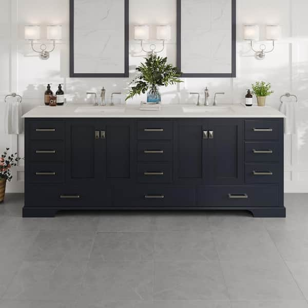 Eviva Storehouse 84 in. W x 22 in. D x 34 in. H Bathroom Vanity in Dark Gray with White Carrara Marble Top with White Sink