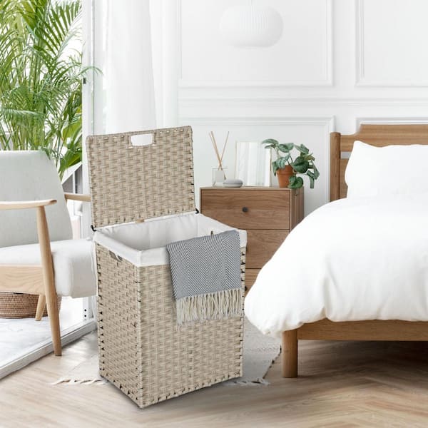 FUNKOL 18.3 in. L x 13.5 in. W x 24" H in Light Grey PE Rattan Powder Coated Laundry Hamper with 2-Laundry Bags 100L Capacity