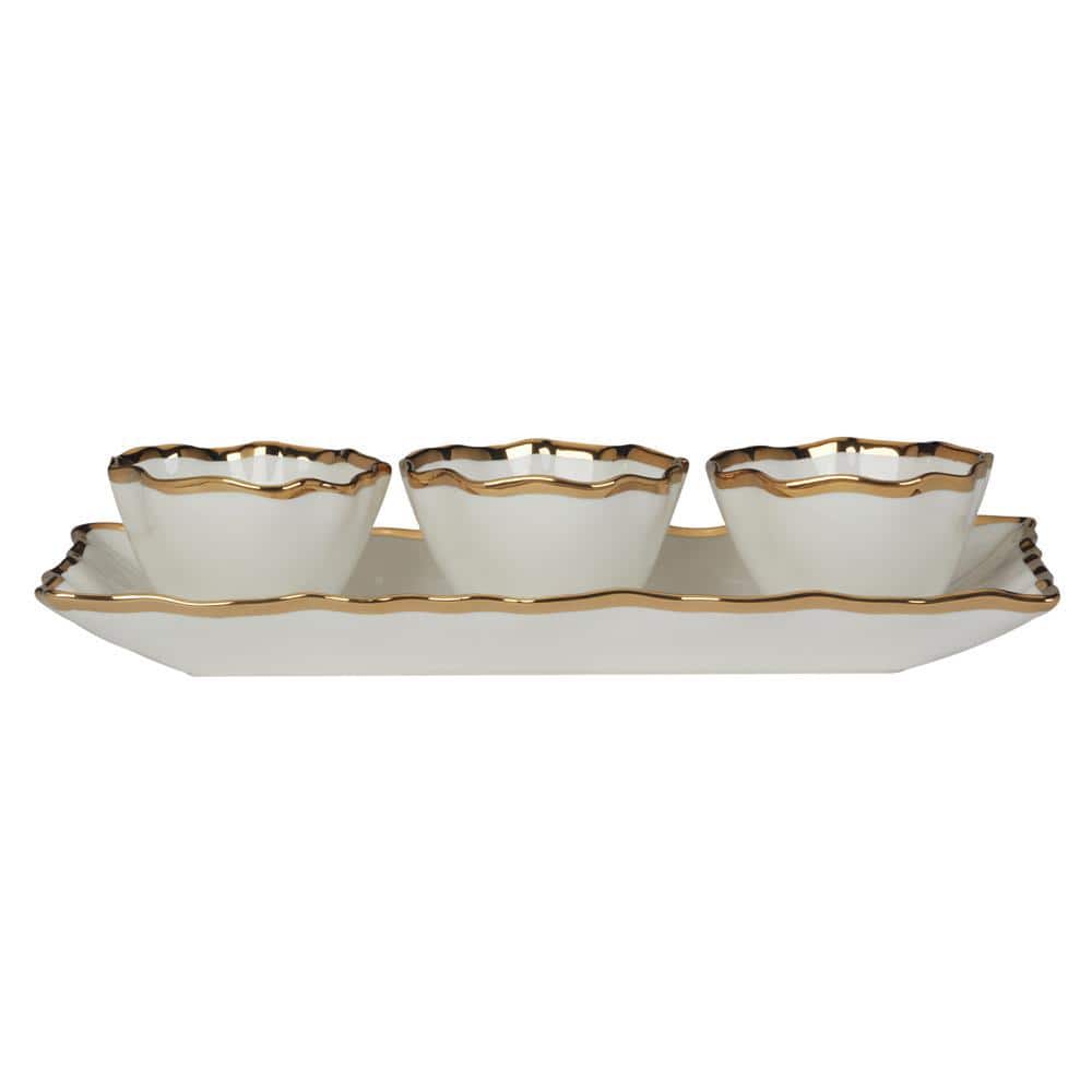 Regency Gold Ceramic Tray with Condiment Bowls, 4-Piece Set