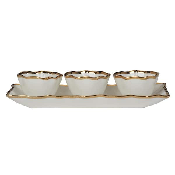 Certified International 14 in. W x 6.25 in. H x 1.75 in. D White Porcelain Regency Gold 4-Piece Serving Tray