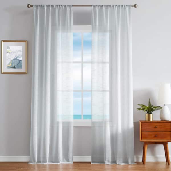Nautica Erasmus Grey Faux Linen 38 in. W x 108 in. L Rod Pocket Sheer Window Curtains (2-Panels)