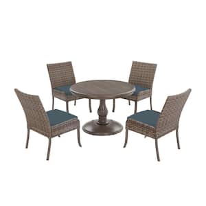 Windsor 5-Piece Brown Wicker Round Outdoor Patio Dining Set with Sunbrella Denim Blue Cushions
