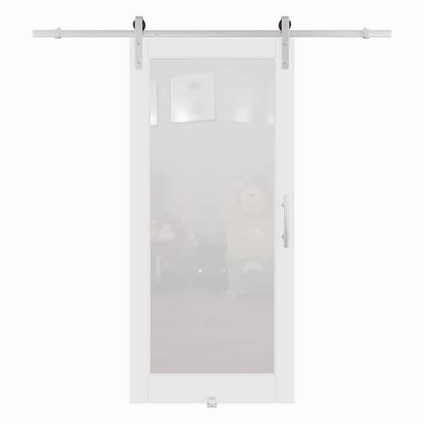 36 in. x 80 in. 1 Lite Tempered Frosted Glass White Finished MDF Sliding Barn Door with Hardware Kit Nickel
