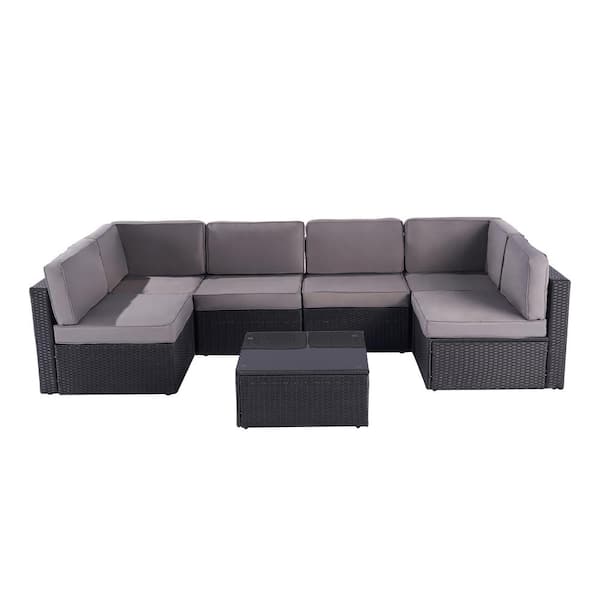 7-Piece Patio Conversation Sofa Set Furniture Sectional Seating Set with Gray Cushion & Tempered Glass Desktop