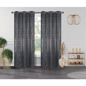 Crystal Charcoal Textured Polyester Thermal 76 in. W x 84 in. L Grommet Blackout Curtain Panel (2-Set)