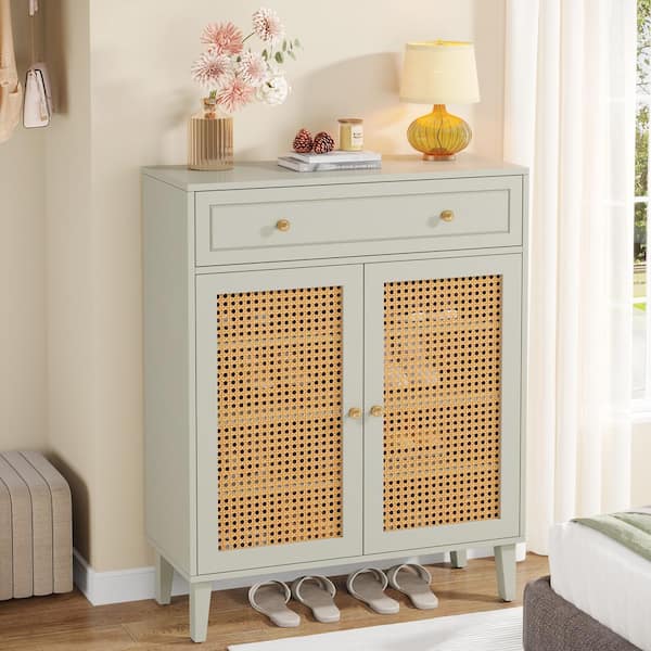 43.7 in. H x 31.49 in. W Green Wooden Shoe Storage Cabinet with Rattan Doors, 16-Pairs of Shoes