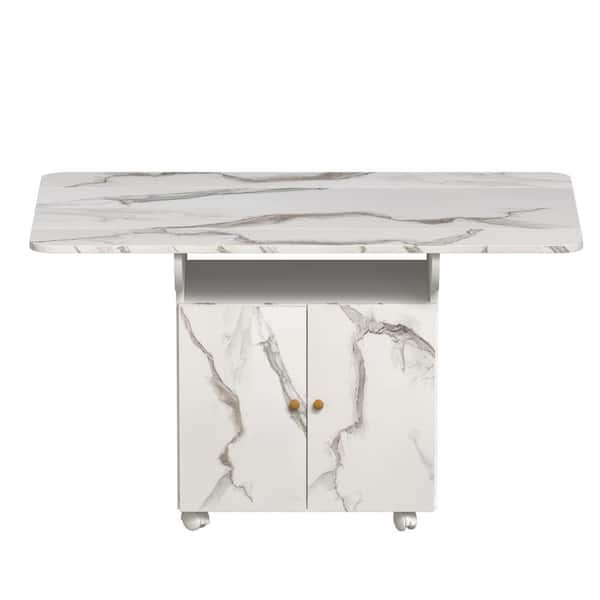 47 in. White Marble Wood Folding Dining Table with Storage Rack and Cabinet, Removable Entryway Table with 6 Wheels