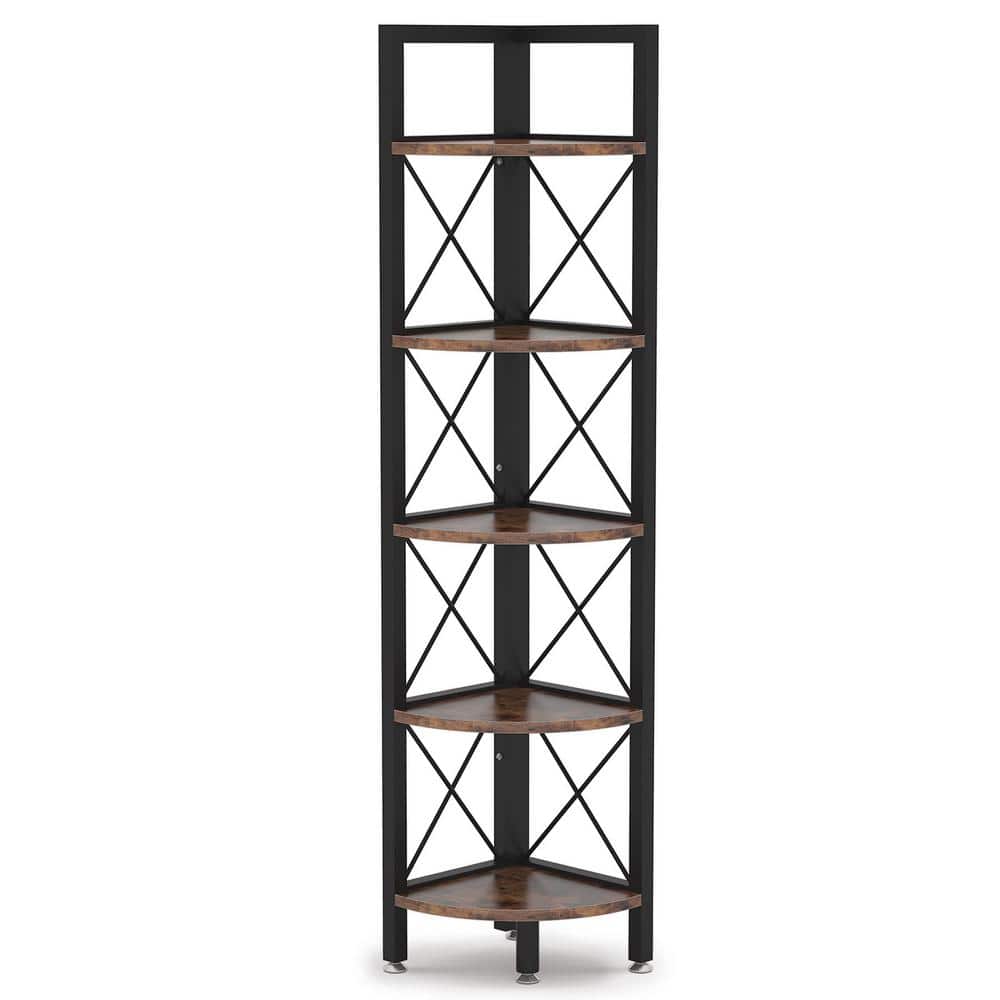 62.99 in. Black Particle Board Wood 5 Shelf Standard Bookcase 5-Tier Steel Corner Bookshelf