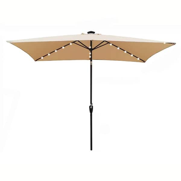 10 x 6.5 ft. Metal Ectangular Solar LED Lighted Outdoor Patio Umbrella with Crank and Push Button Tilt in Tan