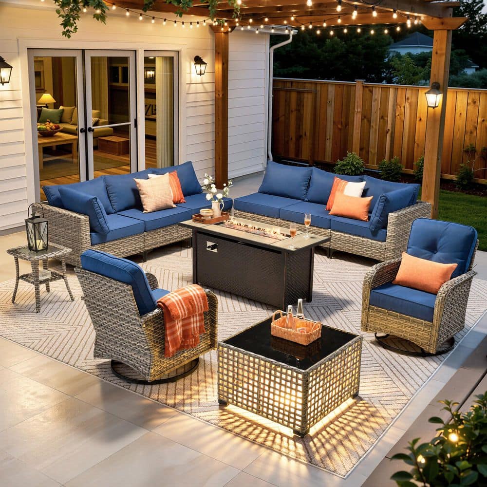 OVIOS Vinceny Gray 11-Piece Wicker 54 in. Rectangle Fire Pit Patio