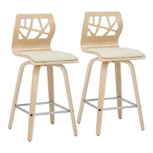 Folia 36 in. Counter Height Bar Stool in Cream Faux Leather and Natural Wood with Square Chrome Footrest (Set of 2)