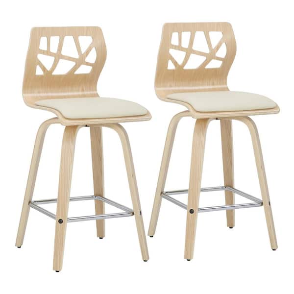 Lumisource Folia 36 in. Counter Height Bar Stool in Cream Faux Leather and Natural Wood with Square Chrome Footrest (Set of 2)