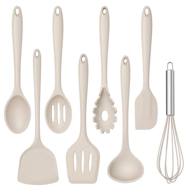 8-Piece Silicone Khaki Cooking Utensils Set Heat Resistant Nonstick Kitchen Tools Dishwasher Safe for Cookware