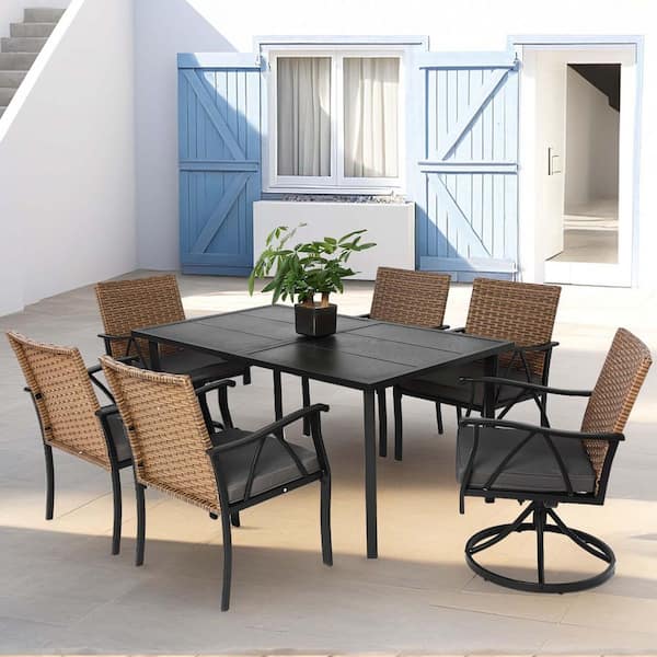 Black 7-Piece Wicker Outdoor Dining Set with Gray Cushion