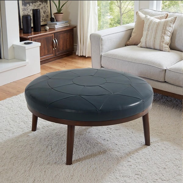 Navy Blue Leather Round Ottoman (Set Of 1)