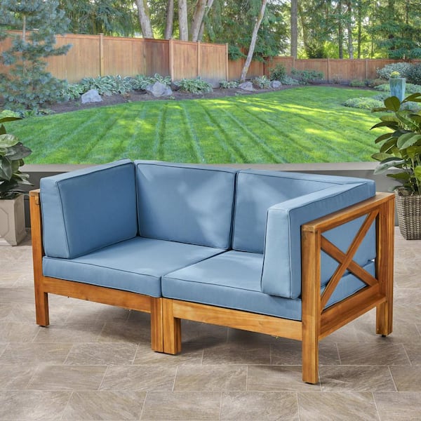 Noble House Brava Teak Brown 2-Piece Wood Outdoor Loveseat with Blue Cushions