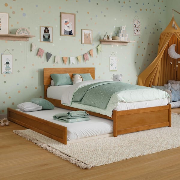 AFI Wesley Light Toffee Natural Bronze Solid Wood Frame Twin Platform Bed with Panel Footboard and Twin Trundle