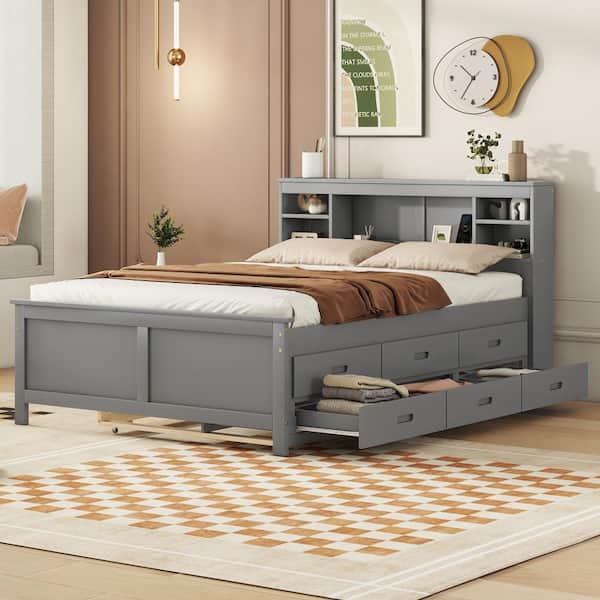 Qualler Gray Full Size Platform Bed with Storage Headboard, USB
