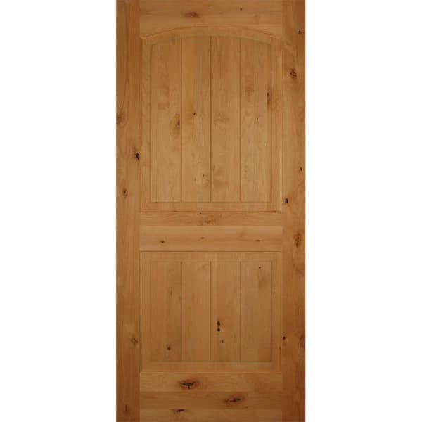 Builders Choice 28 in. x 80 in. Left-Handed 2-Panel Arch Top Unfinished V-Grooved Solid Core Knotty Alder Single Prehung Interior Door
