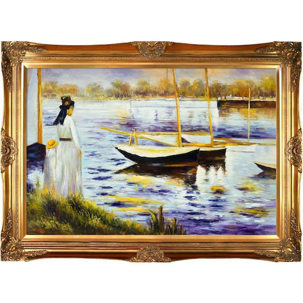 LA PASTICHE 32 in. x 44 in. "The Banks Of The Seine At Argenteuil" by Edouard Manet Framed Oil Painting