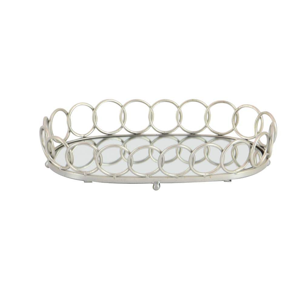 Elegant Silver Mirrored Oval Tray Set, 22" & 18"W with Geometric Pattern