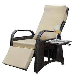 Outdoor Recliner Chair, Patio Wicker Outdoor Recliner and Table, Adjustable Backrest and Footrest with Beige Cushion