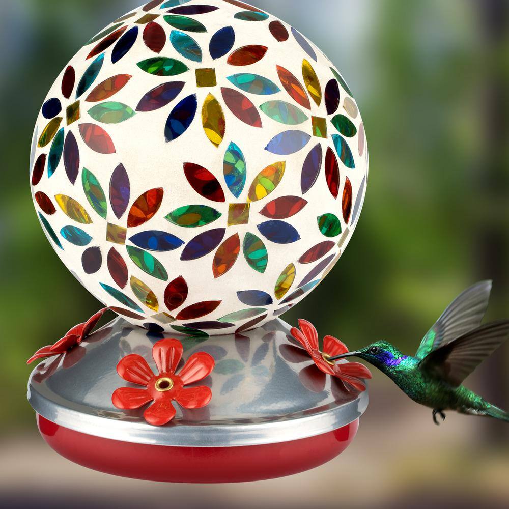 Multicolor Hand-Blown Glass Hanging Hummingbird Feeder with Metal Base