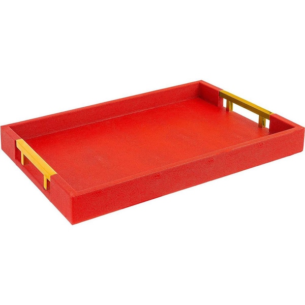 Red/Gold Rectangular Faux Leather Decorative Serving Tray with Handles