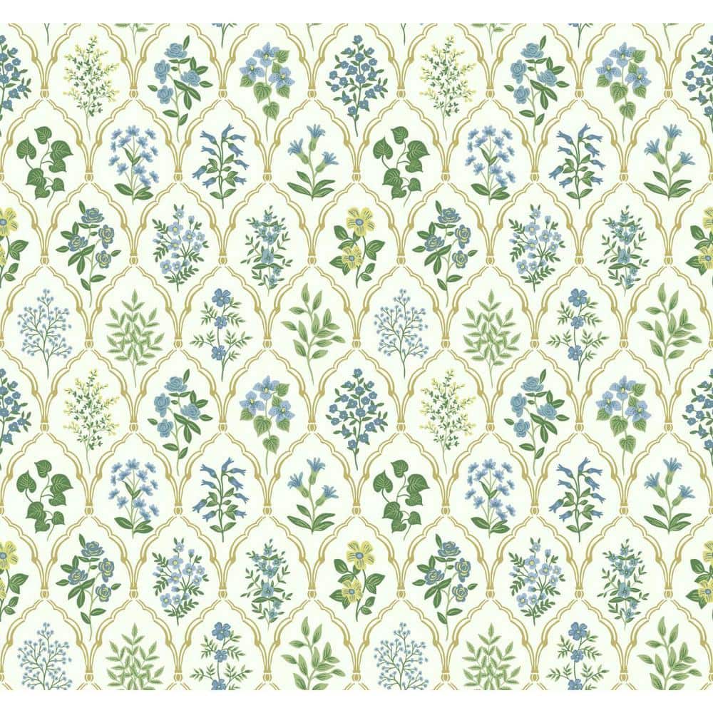 Hawthorne Vintage Floral Grid Blue/Green Wallpaper, 27' x 27"