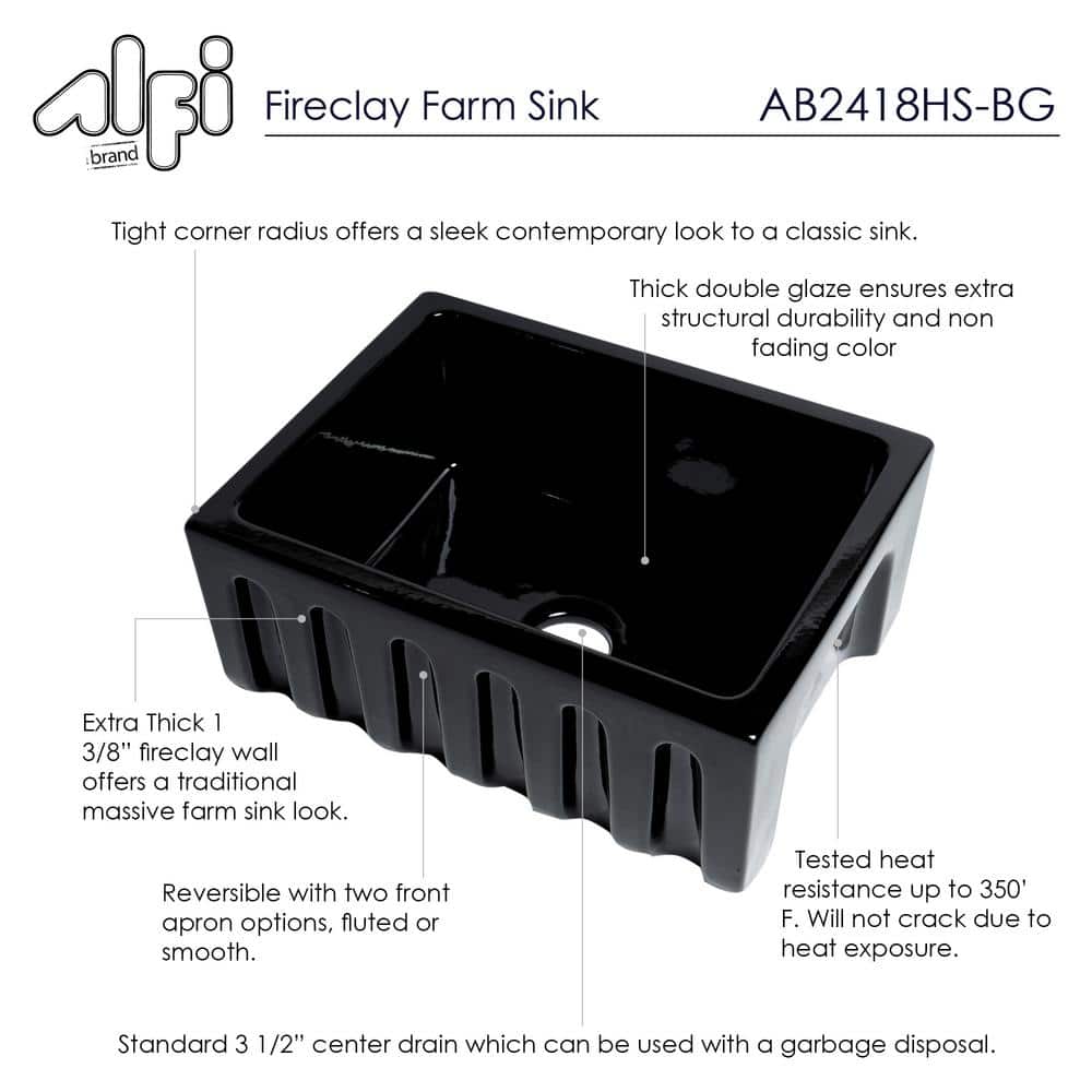 24'' Gloss Black Fireclay Farmhouse Drop-In Sink