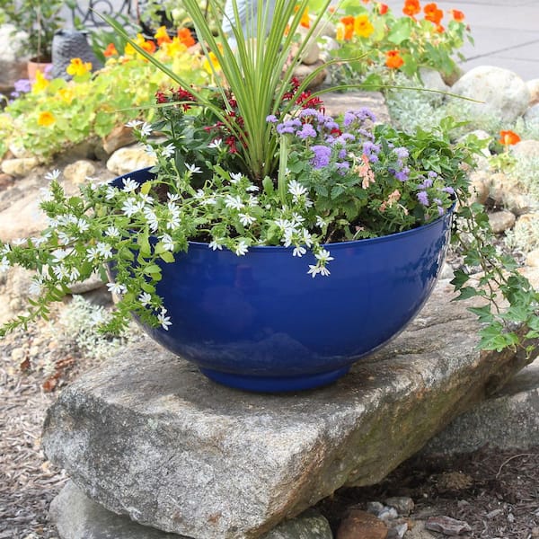 Decorative Pots 20 in. W, 10 in. H Round French Blue Iron Bowl Planter, Indoor Outdoor Use, Garden Accent
