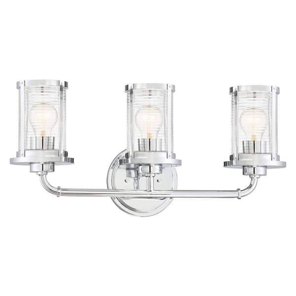 Cordelia Lighting 23 in. 3-Light Chrome Transitional Vanity with Clear Ribbed Glass Shades
