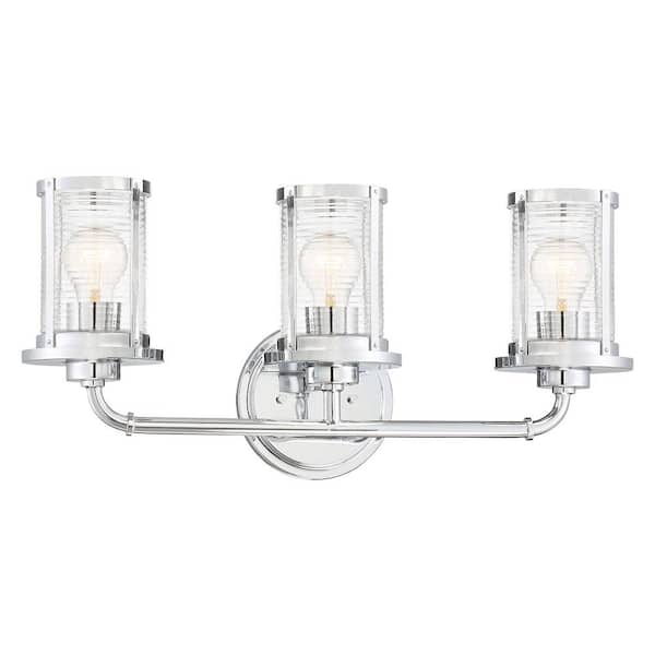Cordelia Lighting 23 in. 3-Light Chrome Transitional Vanity Light with Clear Ribbed Glass Shades