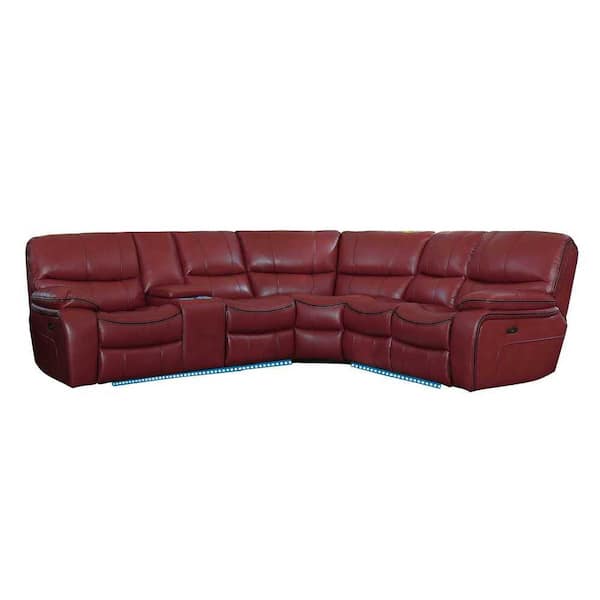 EVERGLADE HOME Slater 105 in. W Pillow Top Arm 3-Piece Faux Leather L Shaped Sectional Sofa in Red w/ Left Console and LED