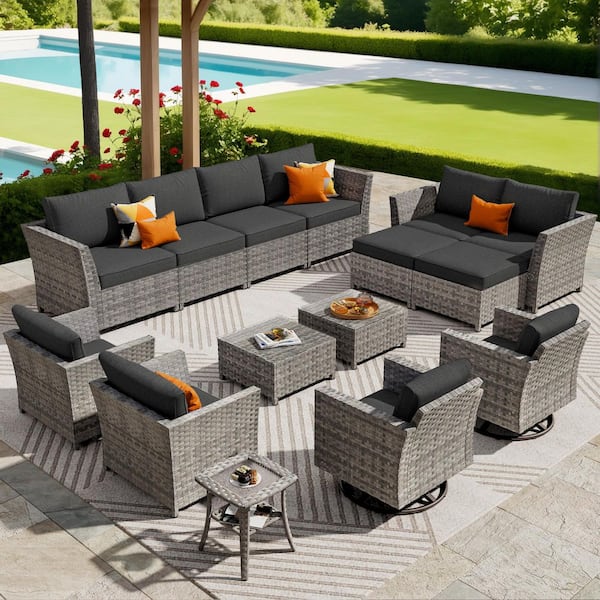 XIZZI Carnation 15-Pieces Wicker Patio Conversation Sectional Sofa Set with Black Cushions and Swivel Rocking Chairs