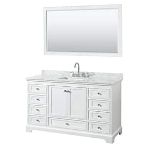 Deborah 60 in. W x 22 in. D Vanity in White with Marble Vanity Top in Carrara White with White Basin and 58 in. Mirror