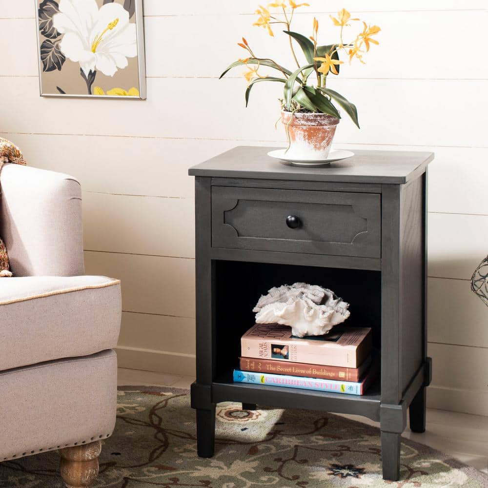 Transitional Gray Pine Wood Storage Side Table with Drawer