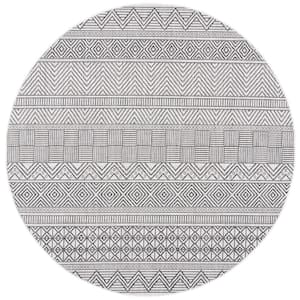 Courtyard Ivory/Black 7 ft. x 7 ft. Striped Tribal Chevron Indoor/Outdoor Patio  Round Area Rug