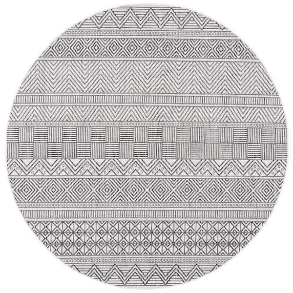 SAFAVIEH Courtyard Ivory/Black 7 ft. x 7 ft. Striped Tribal Chevron Indoor/Outdoor Patio  Round Area Rug