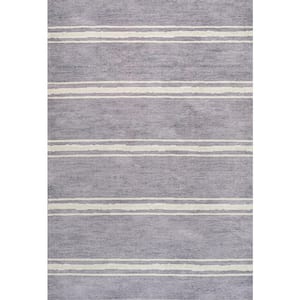 Bande Distressed Ticking Stripe Machine-Washable Lavender/Ivory 8 ft. x 10 ft. Area Rug