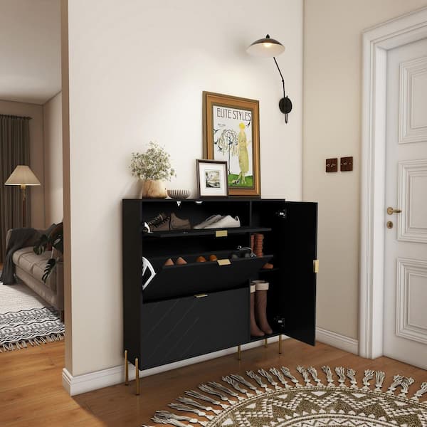 49 in. H MDF Shoe Storage Cabinet in Black with Flip-Out Drawers and Adjustable Shelves for Entryway or Living Room