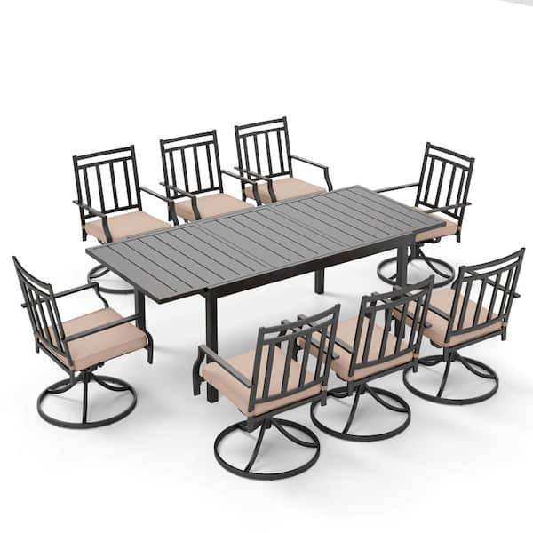 PHI VILLA 9-Piece Metal Outdoor Dining Set with Beige Cushion and Extensible Table