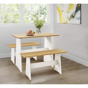 Chapman Farmhouse 3-Pcs Solid Pine Wood Dining Set with 2 Benches - Natural/White with Honey Finish