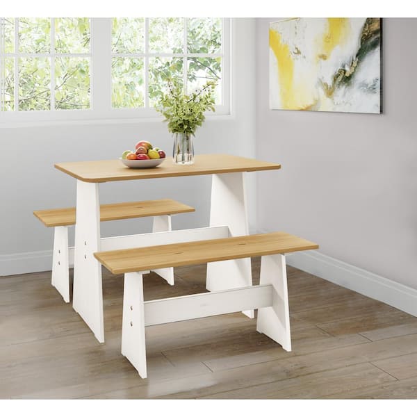 Dwell Home Inc Chapman Farmhouse 3-Pcs Solid Pine Wood Dining Set with 2 Benches - Natural/White with Honey Finish