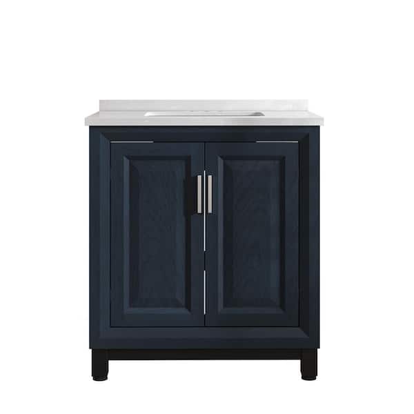 Modern 30 in. W x 19 in. D x 34 in. H Single Sink Freestanding Bath Vanity in Navy with White Basin Marble Pattern Top