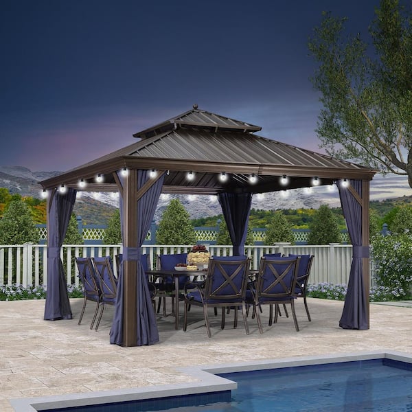 PURPLE LEAF 12 ft.x 12 ft.Bronze Patio Outdoor Gazebo for Backyard Hardtop Aluminum Frame with Hooks,Netting ,Blue Curtain,24 Lights