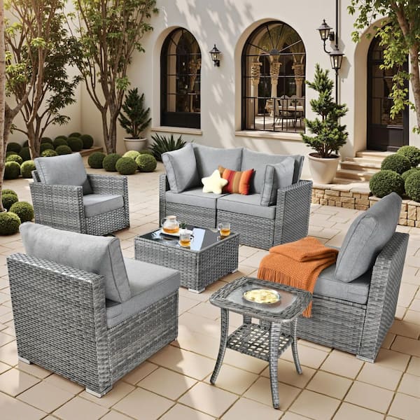 Toject Sanibel Gray 7-Piece Wicker Patio Conversation Sofa Sectional Set with a Swivel Chair and Dark Gray Cushions