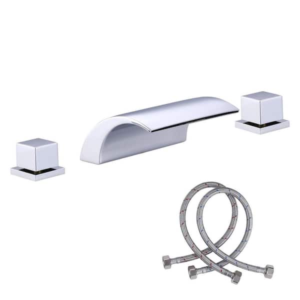 Double Handle Deck Mounted Brass Waterfall Roman Tub Faucet High Flow Garden Tub Filler in Polished Chrome