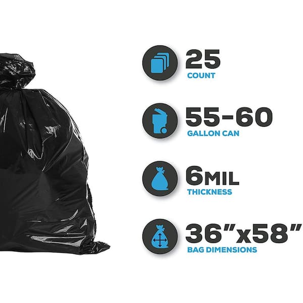 36 in. W x 58 in. H. 50-60 Gal. 6 mil Black Contractor Bags (25-Count)