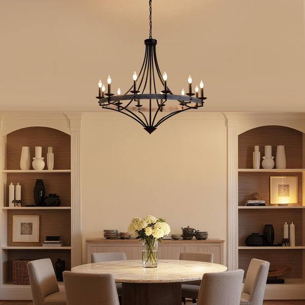 40 in. 12-Light Black Candle Style Dimmable Wagon Wheel Chandelier for Dining Room and Living Room